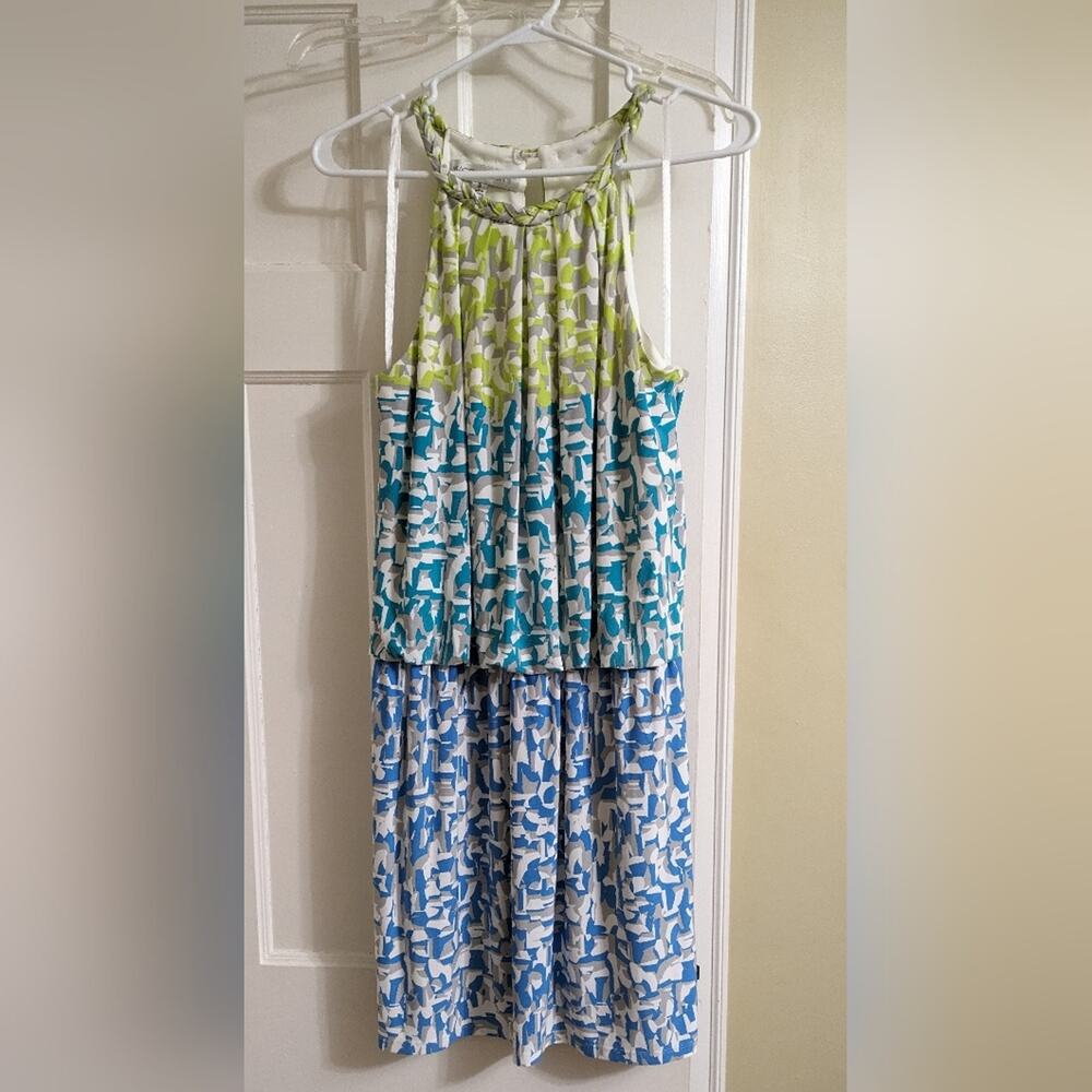 Tiered Printed Halter Midi Dress in Green & Blue